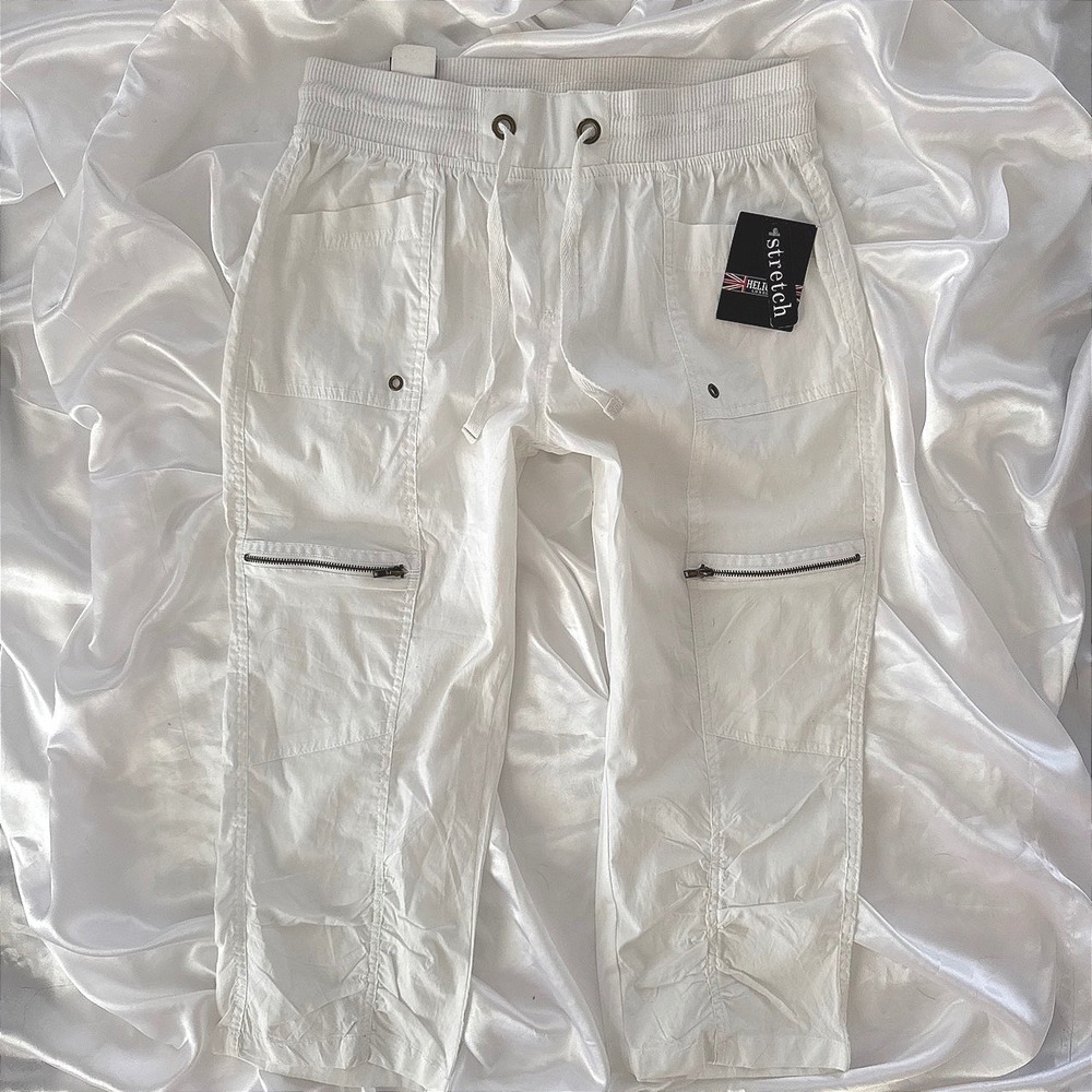 Helium London Womens White Stretch Cargo Pants Ruched Leg Utility Trousers M